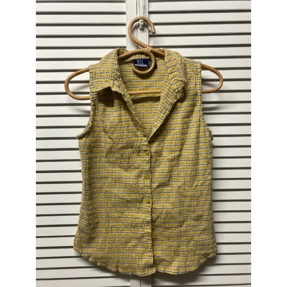 Collared Stretchy Yellow Plaid Button Down Short Sleeve Blouse